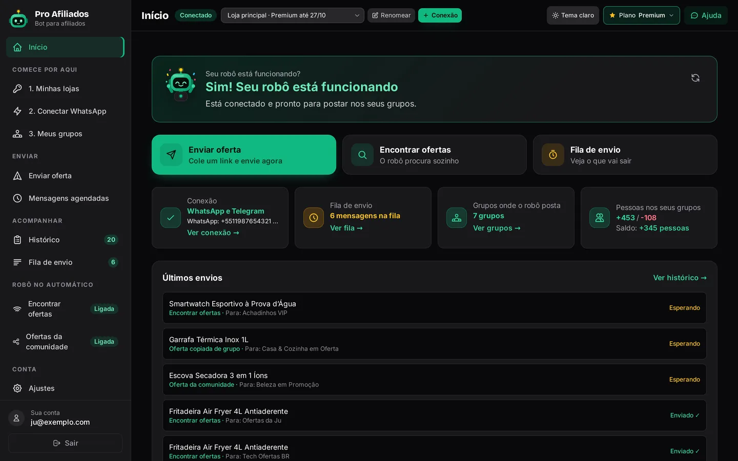 Tela inicial do painel do AutoZai Afiliados com o diagnóstico do robô e os resumos de conexão, fila e grupos